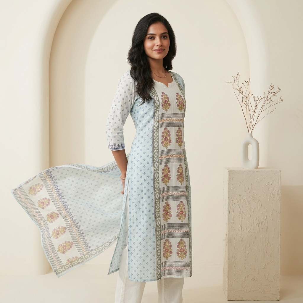 Ivory Motif Printed 3 Pcs Suit Set