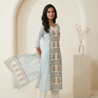 Ivory Motif Printed 3 Pcs Suit Set