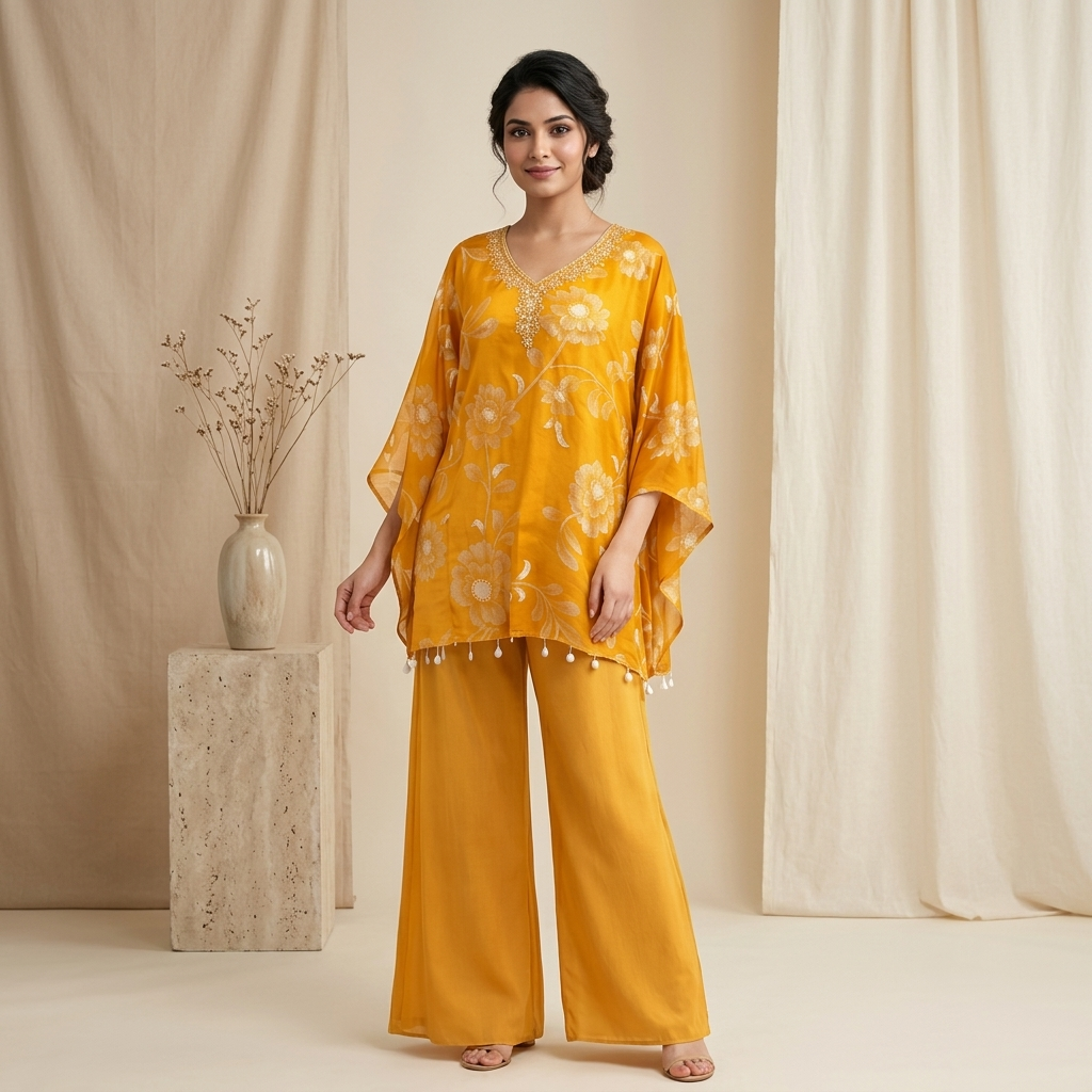 Mustard Floral Kaftan Coord Set
