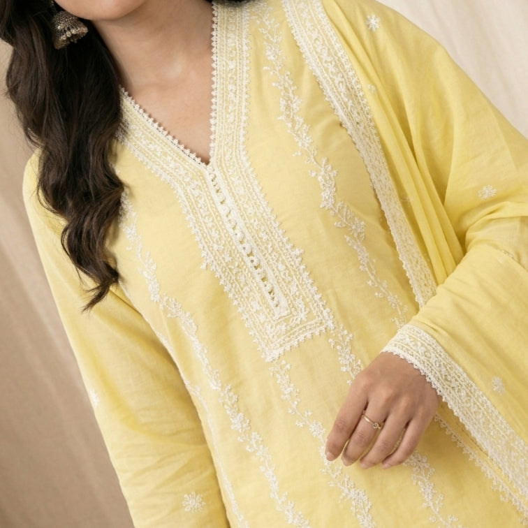 Lemon Yellow Embroidered 3 Pcs Suit Set