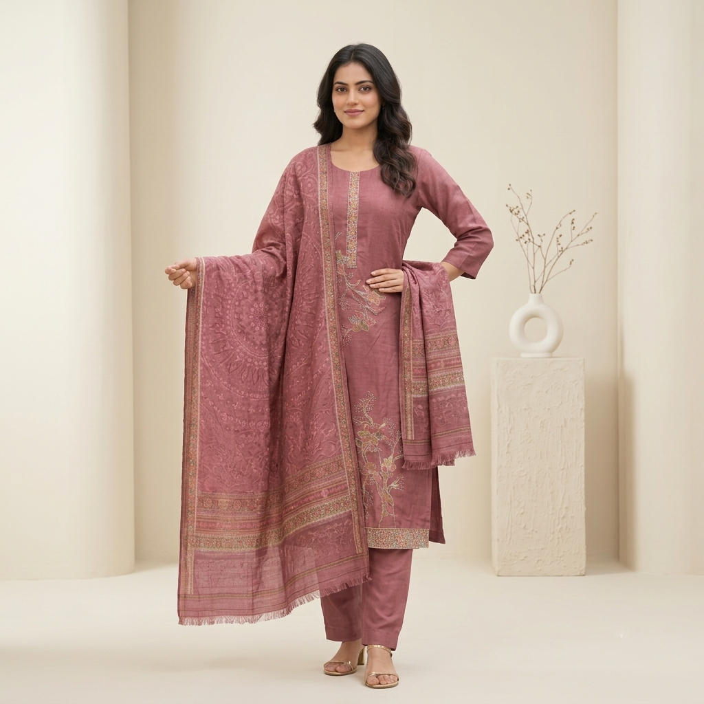 Rosewood Pink Floral Embroidered 3 Pcs Suit Set