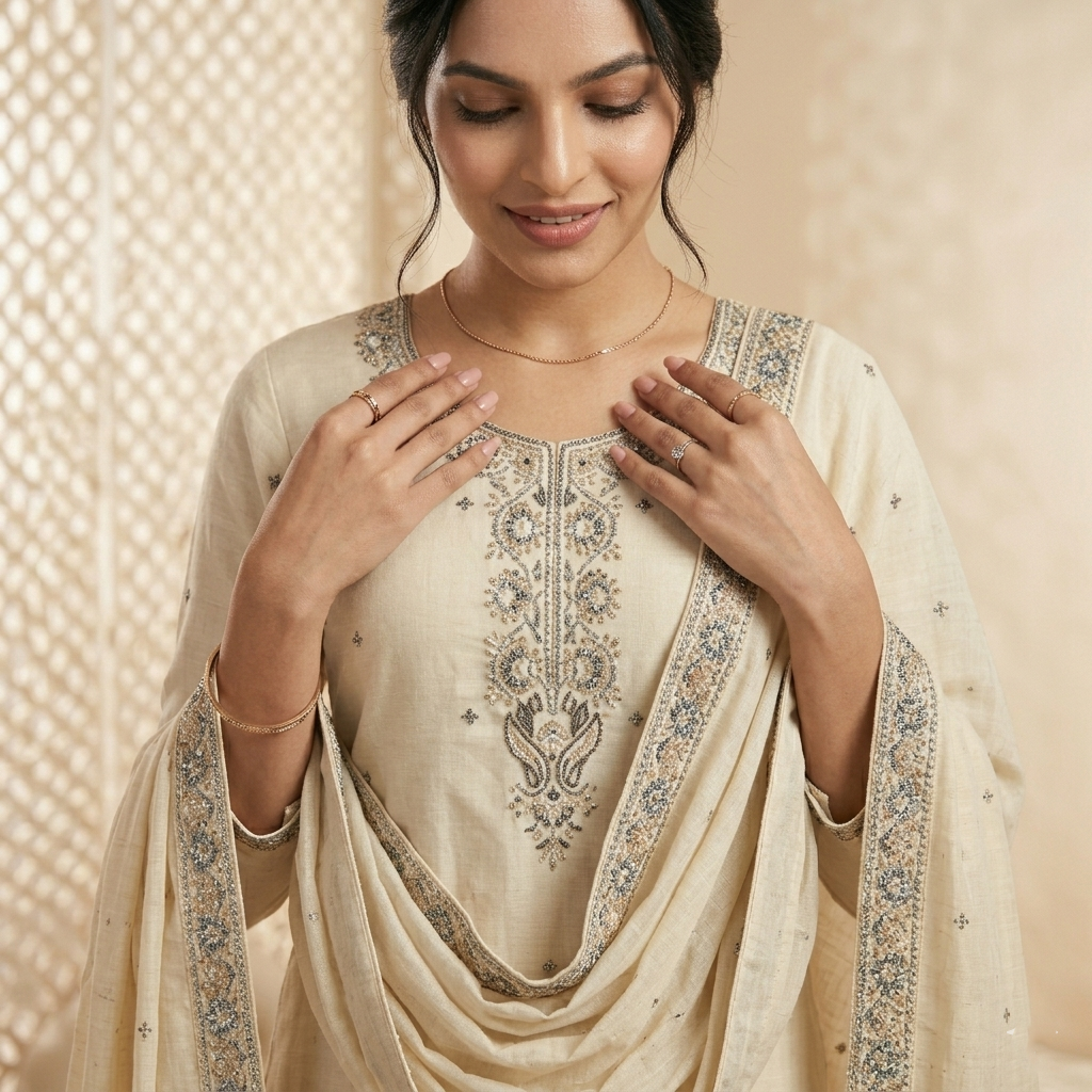 Ivory Embroidered 3 Pcs Suit Set