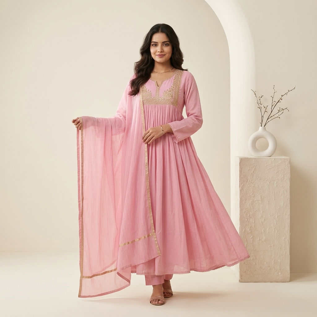 Blush Pink Embroidered Anarkali 3 Pcs Suit Set