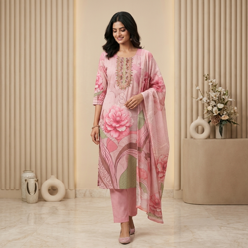 Pink Floral Print 3 Pcs Suit Set