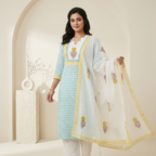 Sky Blue Floral Printed 3 Pcs Suit Set