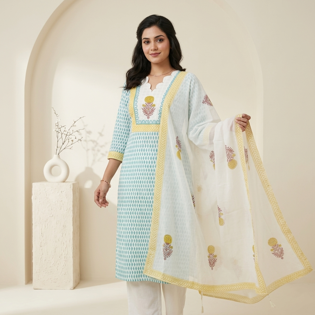 Sky Blue Floral Printed 3 Pcs Suit Set