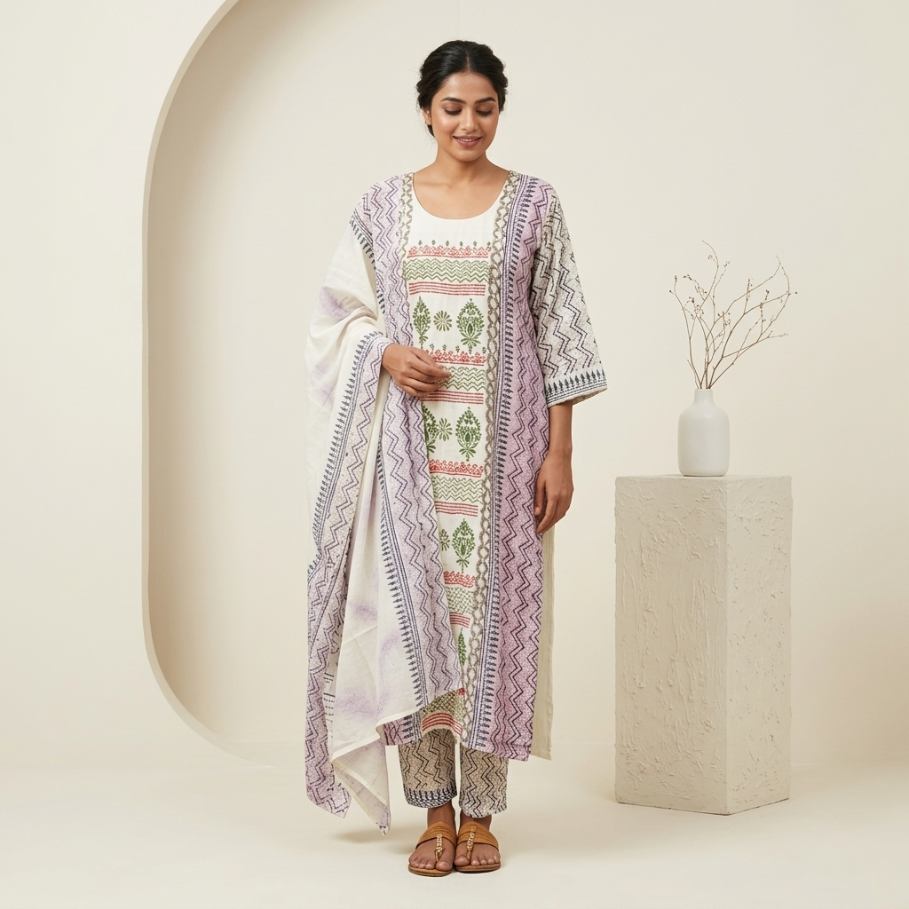 White Ethnic Floral Printed 3 Pcs Suit Set