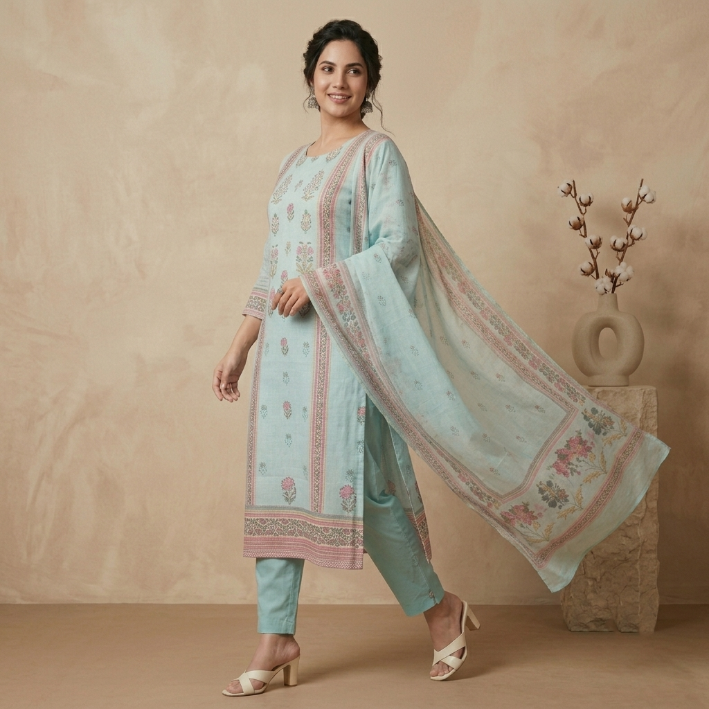 Aqua Floral Print 3 Pcs Suit Set