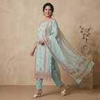 Aqua Floral Print 3 Pcs Suit Set