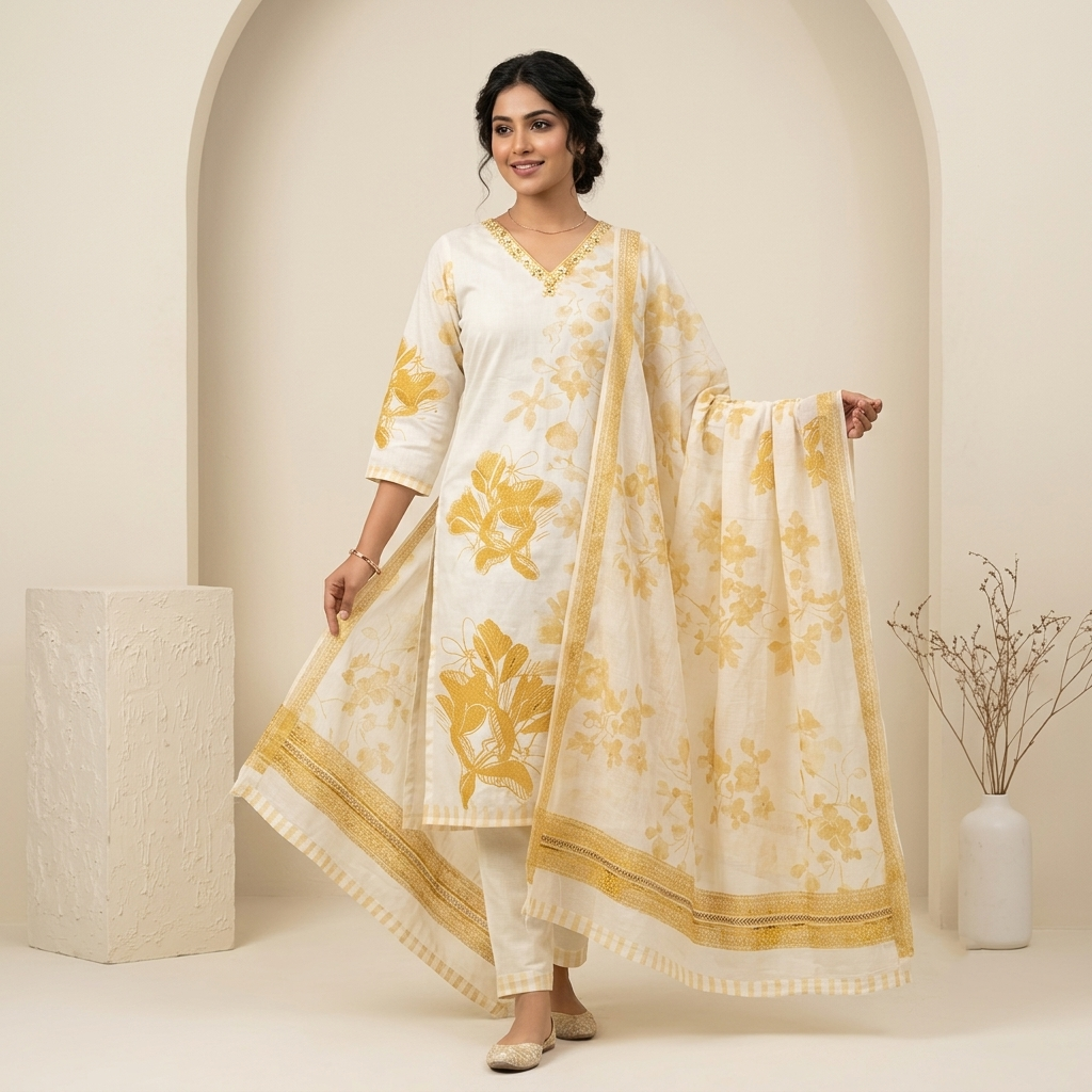 Mustard Floral Print Off White 3 Pcs Suit Set