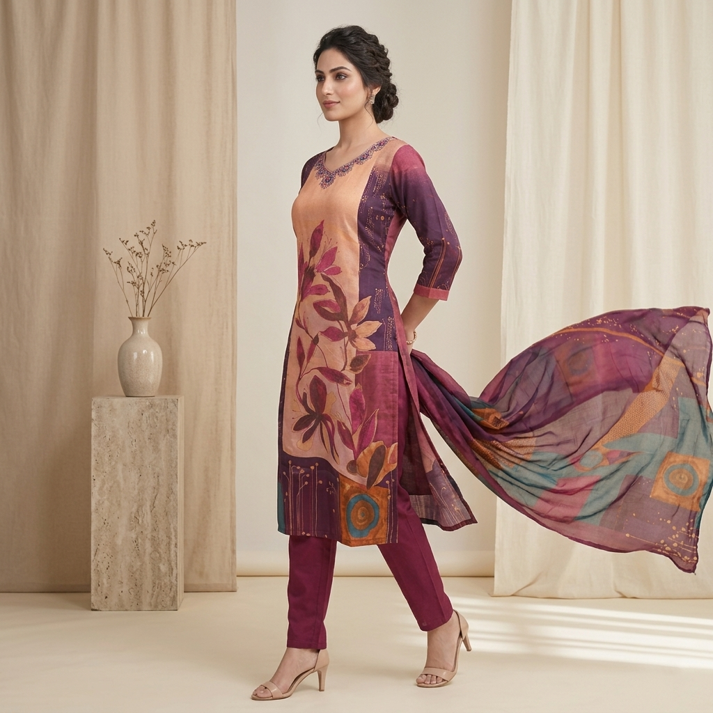 Wine Botanical Print 3 Pcs Suit Set