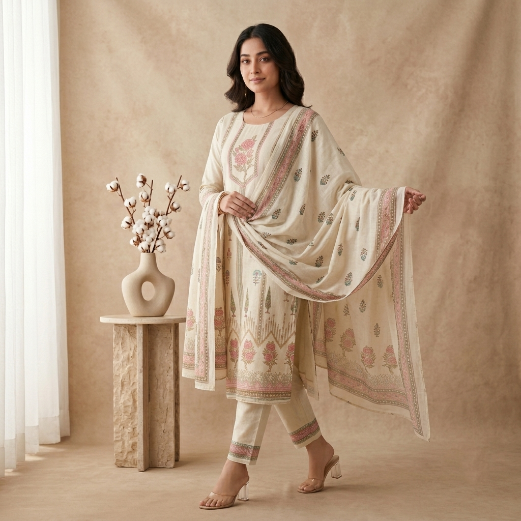 Ivory Pink Floral 3 Pcs Suit Set