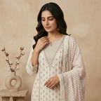 Ivory Pink Motif 3 Pcs Suit Set