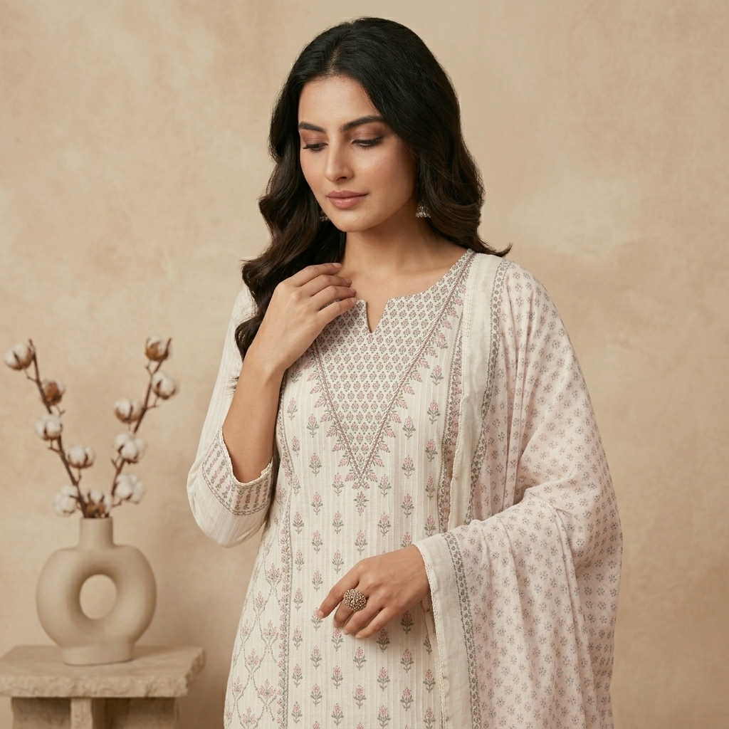 Ivory Pink Motif 3 Pcs Suit Set
