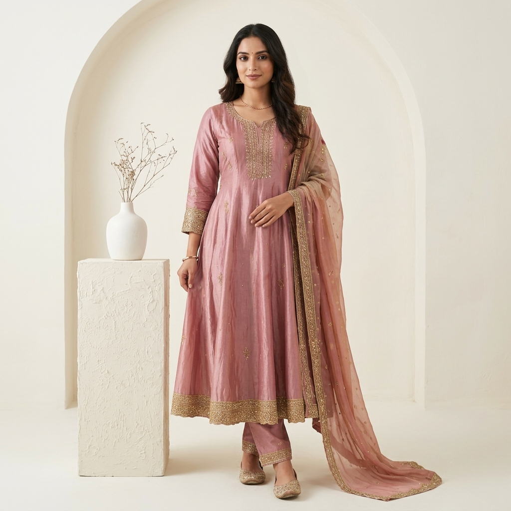 Dusty Pink Festive Anarkali 3 Pcs Suit Set