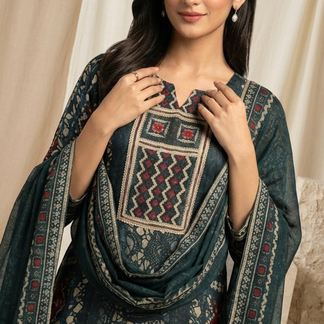 Teal Tribal Print 3 Pcs Suit Set