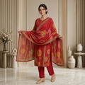 Red Floral Print 3 Pcs Suit Set
