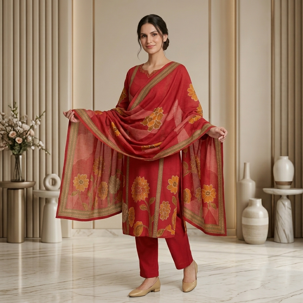 Red Floral Print 3 Pcs Suit Set