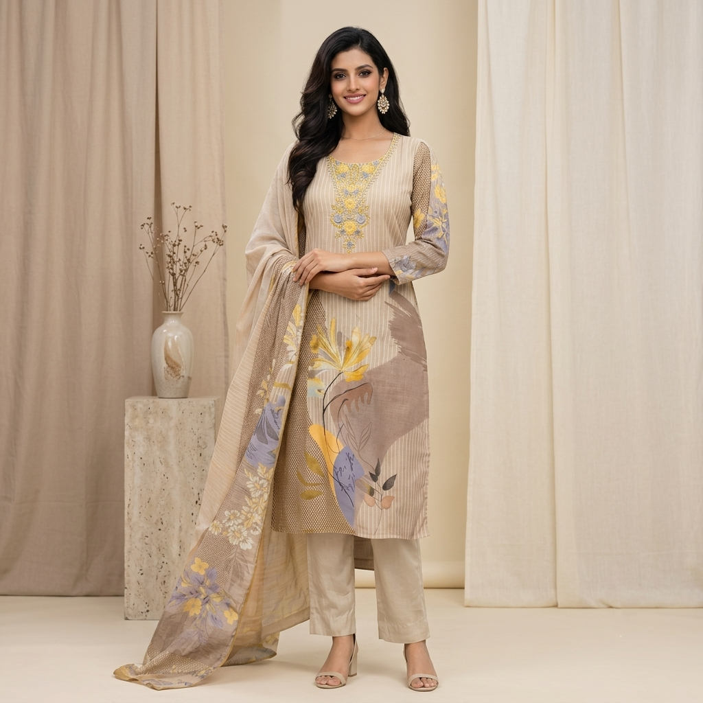 Beige Floral Printed 3 Pcs Suit Set