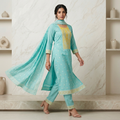 Aqua Blue Printed Embroidered 3 Pcs Suit Set