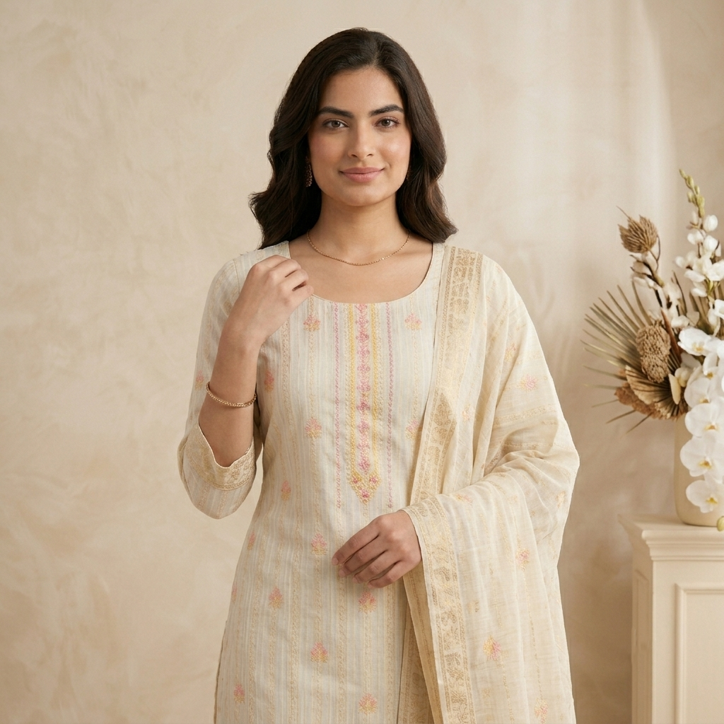 Cream Floral Embroidered 3 Pcs Suit Set