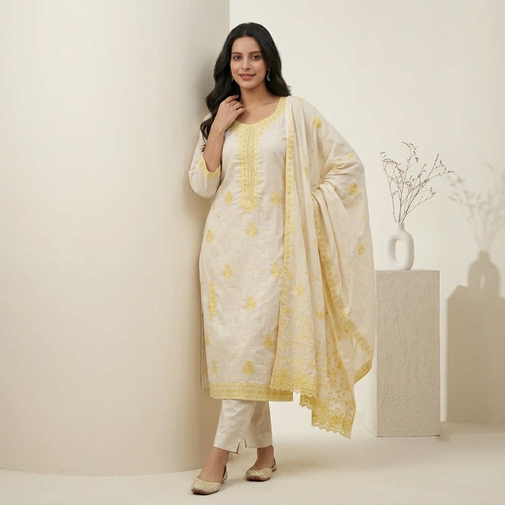 Ivory Yellow Embroidered 3 Pcs Suit Set