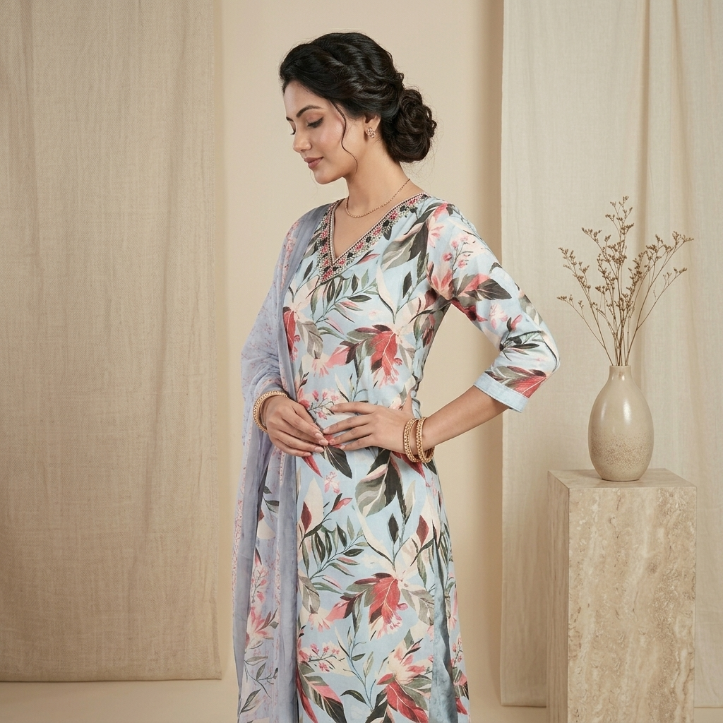 Blue Tropical Print 3 Pcs Suit Set
