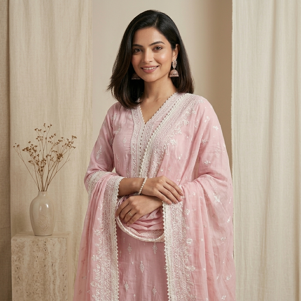Pink Pastel Embroidered 3 Pcs Suit Set