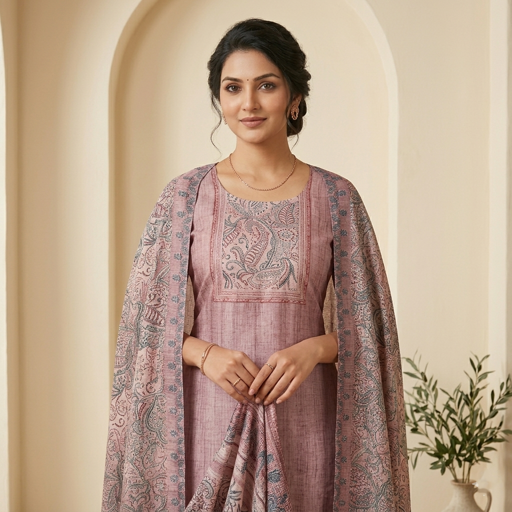 Mauve Printed 3 Pcs Suit Set