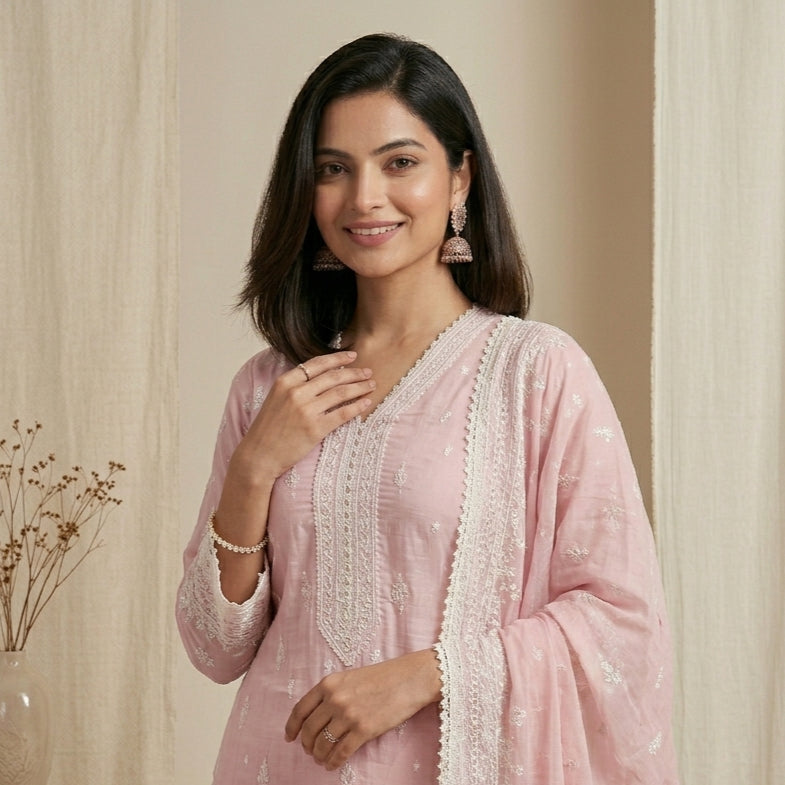 Pink Pastel Embroidered 3 Pcs Suit Set