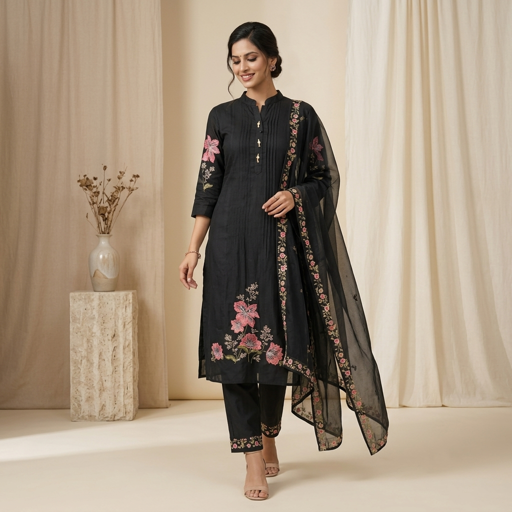 Black Embroidered Floral 3 Pcs Suit Set