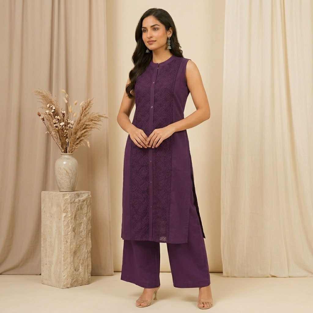A-Line Wine Kurta Palazzo Set