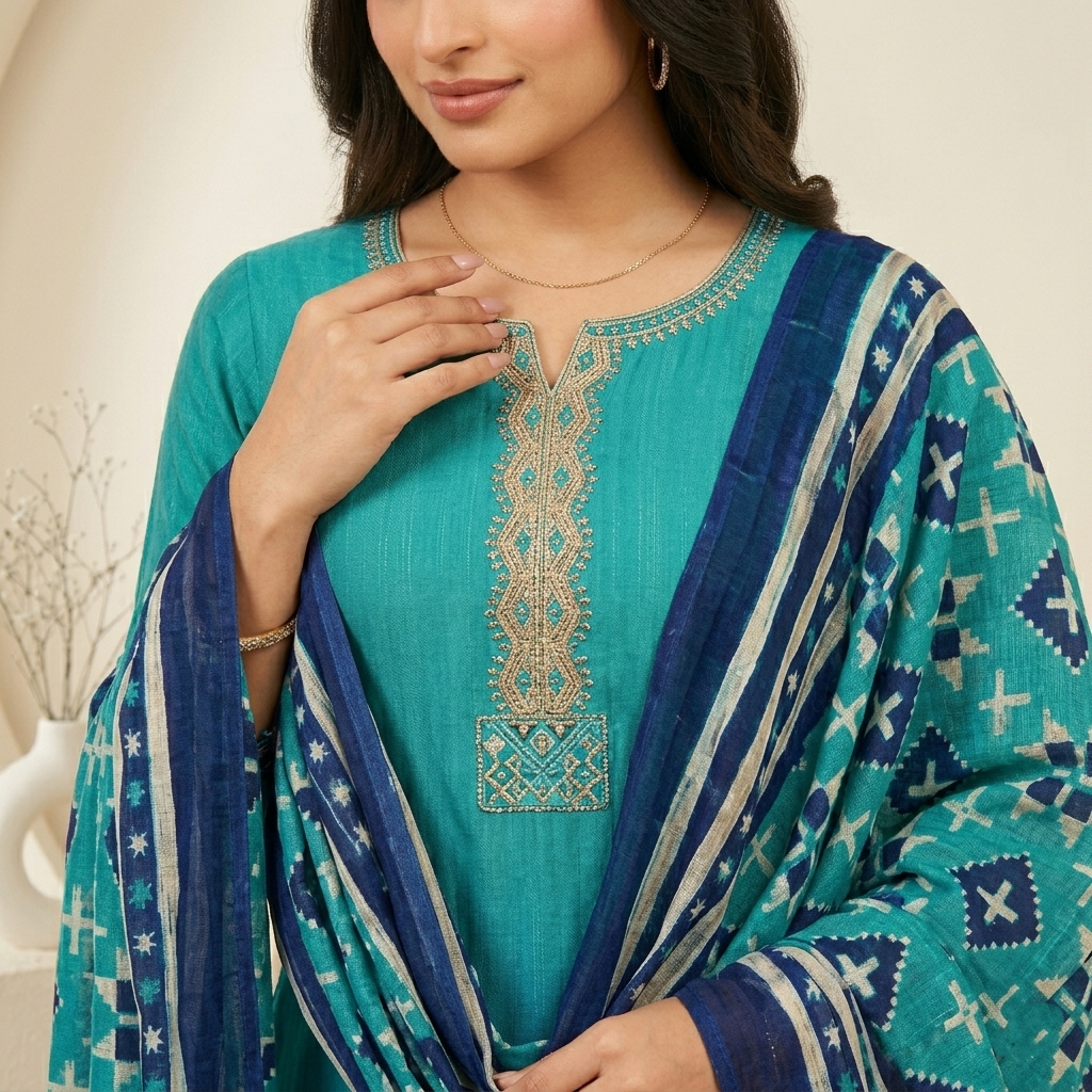 Teal Blue Ombre 3 Pcs Suit Set