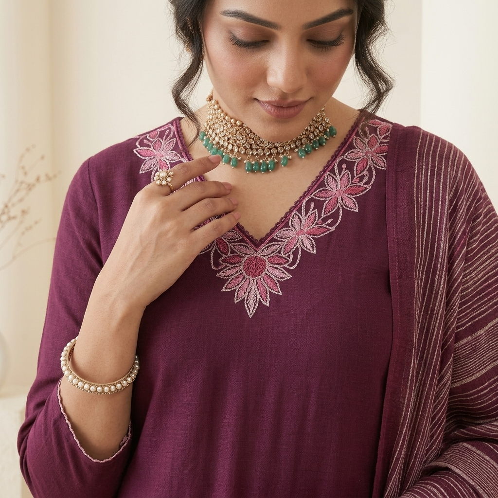 Marroon Embroidered Straight 3 Pcs Suit Set