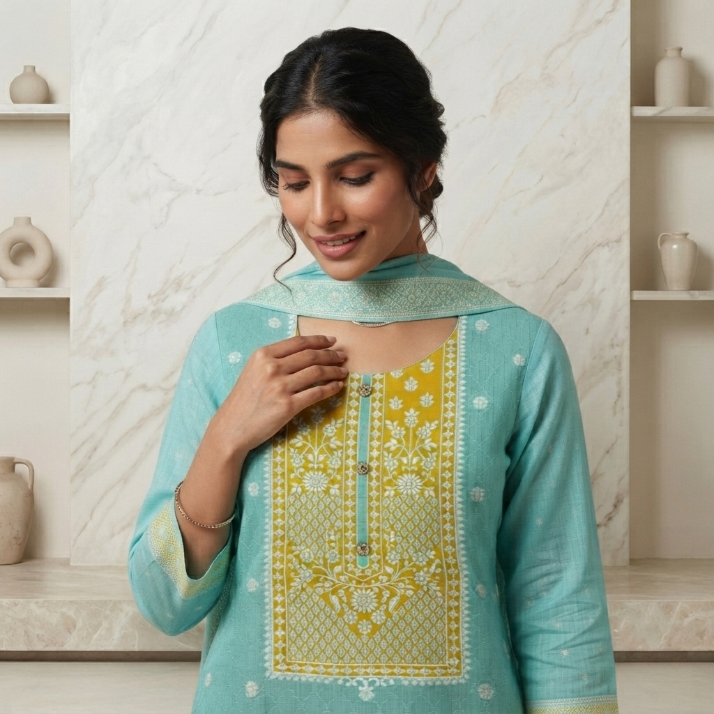 Aqua Blue Printed Embroidered 3 Pcs Suit Set